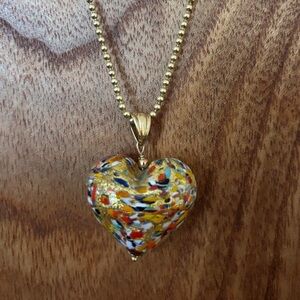 Murano multi colored glass and Gold Heart Pendant Necklace 17”